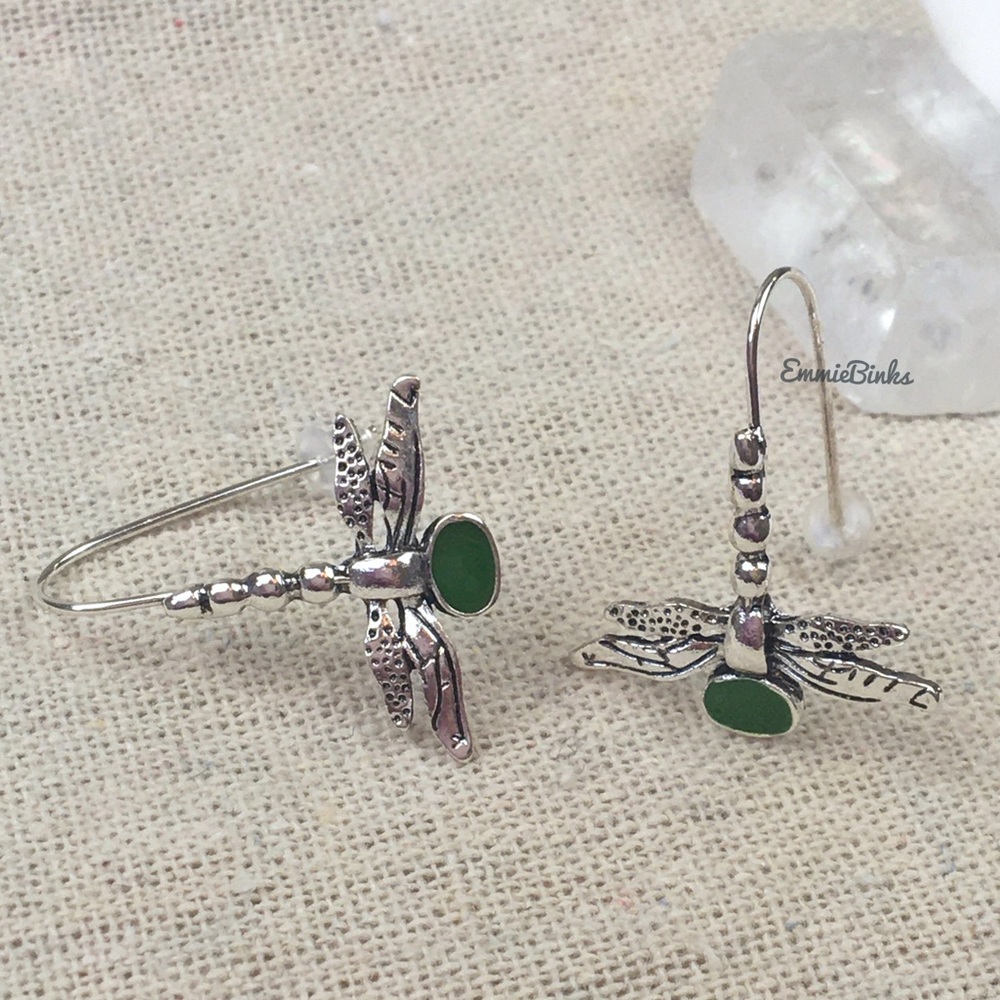 ✨3/$38 New Antique Silver & Green Dragonfly Drop Dangle Earrings - Free People - Picture 8 of 10